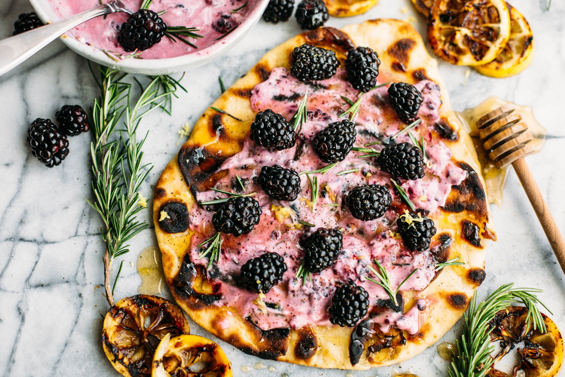 Grilled Naan Bread with Rosemary Honey & Blackberry Goat Cheese